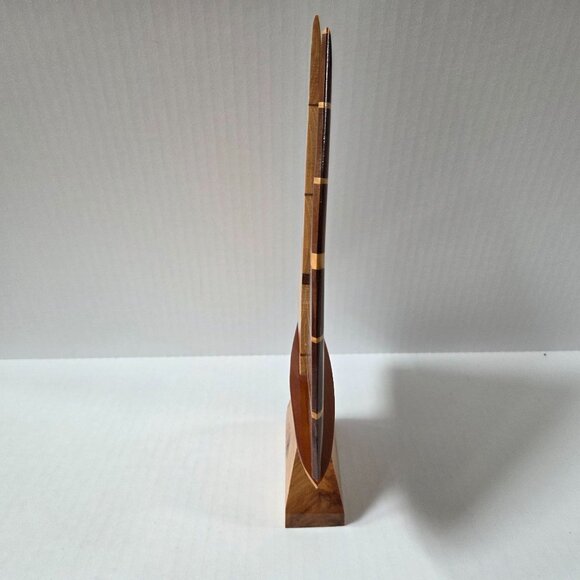 Handmade Striped Wood Sailboat Sculpture Nautical Beach Decor - Picture 2 of 6